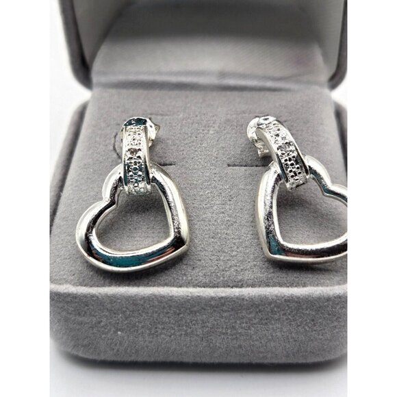 Sterling Heart Dangle Stud Earrings NIB comes with Grey Velvet box .75" - Picture 10 of 10